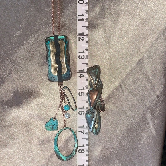 Artisan Patina Copper & Turquoise Bracelet & Necklace Set Mixed Metal Leather - Picture 7 of 12